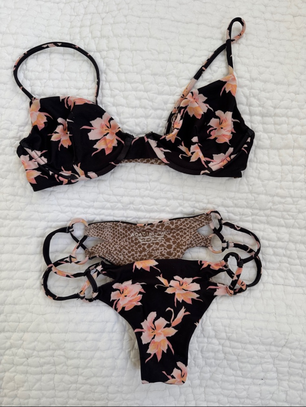 acacia swimwear Black Bikini with Pink Floral Print